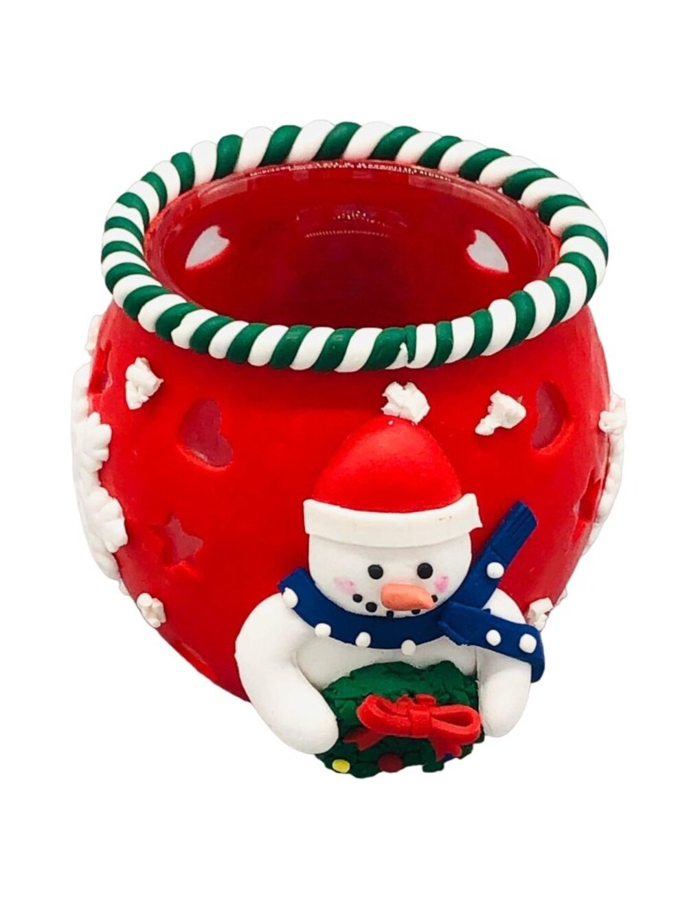 Snowman snowflakes candle holder red white green new without tags 3X3" READ